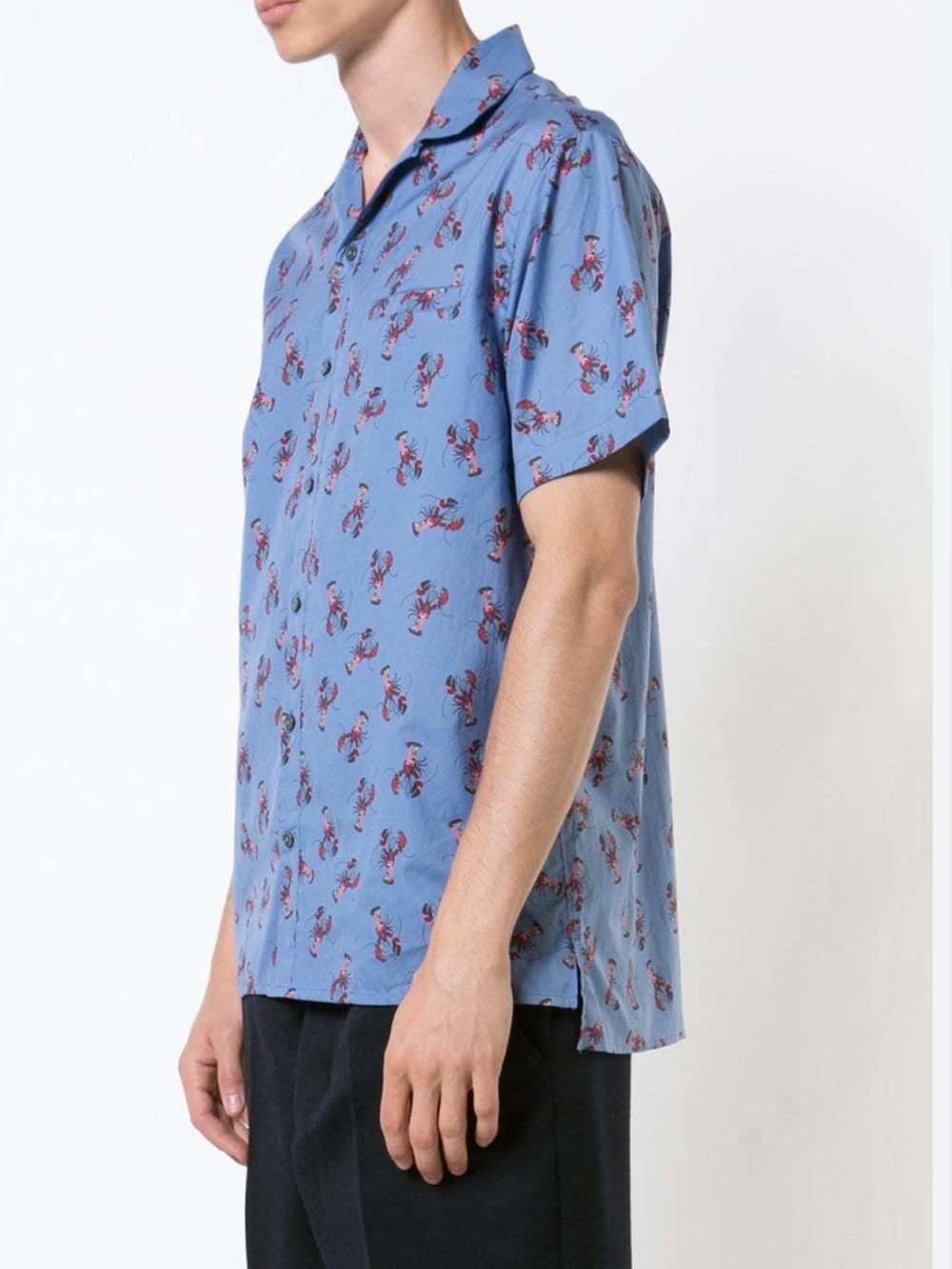 Lanvin short sleeve light blue shirt featuring an all-over red lobster print